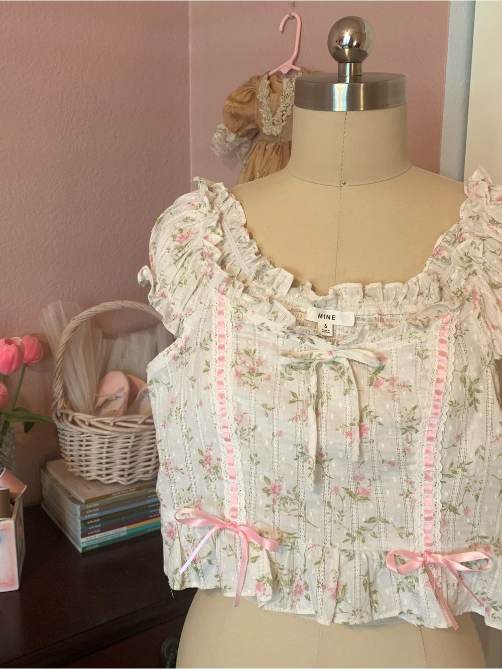 MINE Floral Coquette Pink Ruffled Crop Top